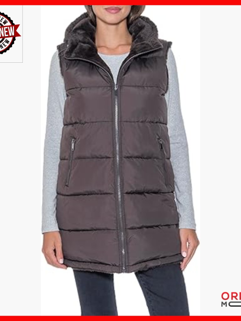 Reversible Puffer Vest With Hood, Faux Fur Lining, Long Sleeveless Winter Vest